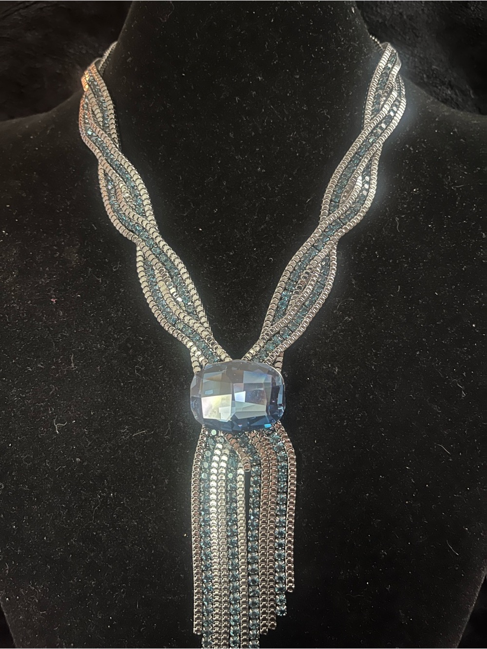Blue Crystal Statement Necklace with Tassel